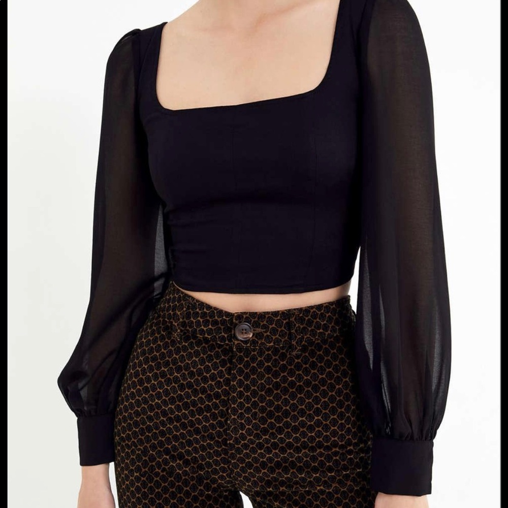 Urban Outfitters Women's Black Lena Sheer Sleeve Square Neck Blouse